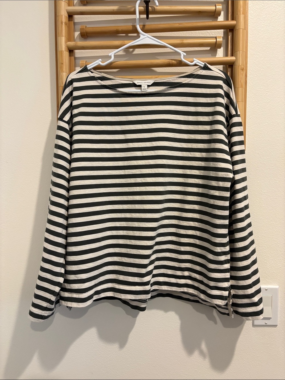 Long Sleeve Boatneck Top - Dark Olive & Off White/Cream Striped Top